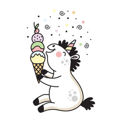 Cute unicorn with an ice cream vector doodle illustration