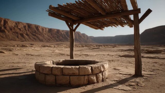 Stone well shaded by wooden shelter and pergola in arid desert landscape with sand, rock formation and distant canyon under clear sky conveying drought, rural solitude and heat