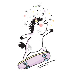 Cute unicorn on a skateboard vector doodle illustration