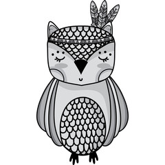 Cute Gray Owl With Feathered Headband And Closed Eyes On Transparent Background Simple Graphic Design