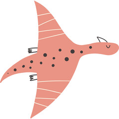 Cute coral colored pterodactyl with dark spots and white stripes flying in a playful pose with closed eyes and a smile on a transparent background © alitar