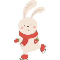 Cute Cream Colored Bunny Rabbit Wearing A Red Scarf And Mittens Ice Skating On A Transparent Background