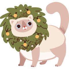 Cute Cream Colored Cat Wearing a Green Christmas Wreath with Orange Ornaments and White Twinkling Lights Festive Holiday Season Pet Portrait Illustration