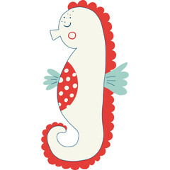 Cute Cream Colored Seahorse With Red Spots And Teal Fins Against Transparent Background Hand Drawn Style