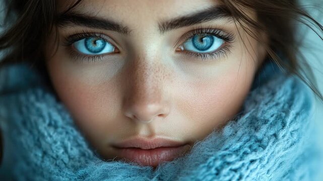 A close-up view of a woman's face with striking blue eyes