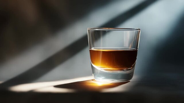 A glass of amber whiskey rests on a textured surface, illuminated by soft light. The amber whiskey gleams under the light, creating a warm and inviting visual for any observer.