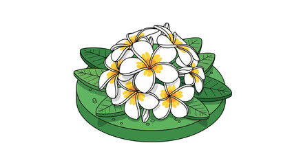 Elegant illustration of frangipani blooms and verdant leaf composition