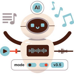 Cute friendly robot with AI symbol on head playing music with sound waves and notes in a transparent background illustration