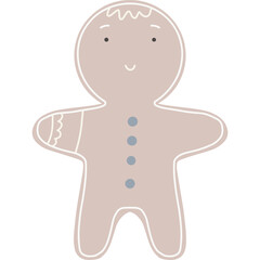 Cute Gingerbread Man illustration with light brown dough and white icing details smiling gently on a transparent background perfect for holiday designs and baking themes