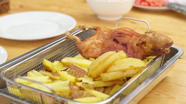 Traditional peruvian cuy dish with french fries served at restaurant