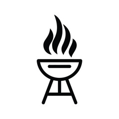 Black barbecue grill icon shows flames over it against a white background