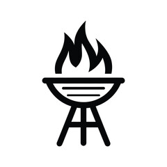 Black barbecue grill icon displaying blazing fire on a white background