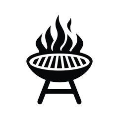 Black barbecue grill with flames icon on the white background shows hot grilling