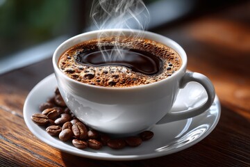 Steaming Hot Coffee in White Cup on Wooden Table