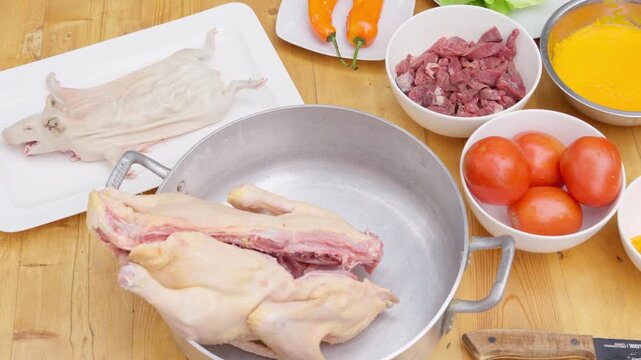 Preparing traditional peruvian pachamanca ingredients outdoors