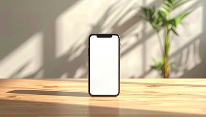 Modern Smartphone with Blank White Screen on a Wooden Table with Plant Shadows in Natural Light