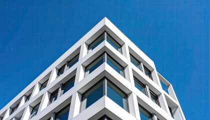 Obraz premium Modern White Building Corner With Blue Sky Reflections In Windows And Clear Blue Sky Above