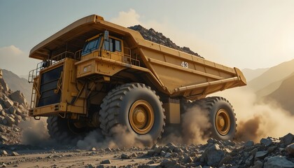 Obraz premium Powerful yellow dump truck hauls rocks in a dusty quarry, conveying strength and industry expertise, perfect for construction or mining projects