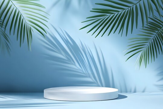 White podium on blue background with green palm leaves.