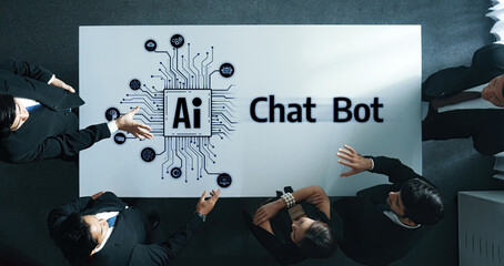 A modern corporate setting where a diverse team engages in a discussion about artificial intelligence, focusing on the concept of chat bots and innovation. Trope