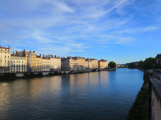 Lyon, France, May 29, 2025, View of the Rhone River and its embankment, waterfront Blue Sky