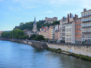 Lyon, France, May 29, 2025, View of the Rhone River and its embankment, waterfront Blue Sky