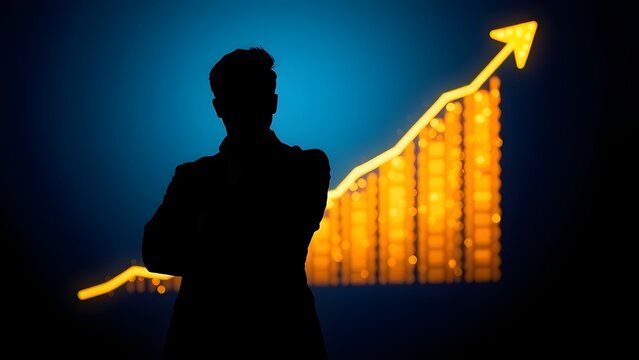 상승하는 주식 차트 앞 투자하는 사람 블랙 실루엣Investor Black Silhouette Ahead Of Rising Stock Charts
