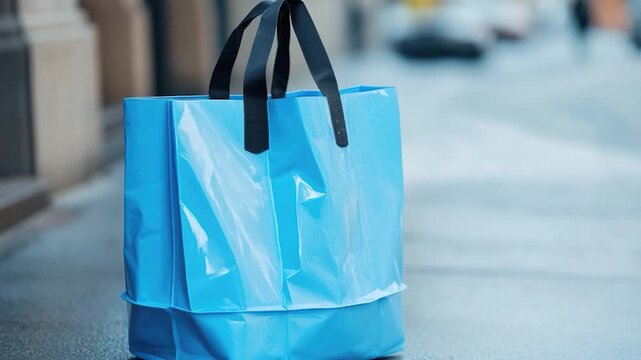 A blue shopping bag sits on the side of a street, waiting for its owner to return