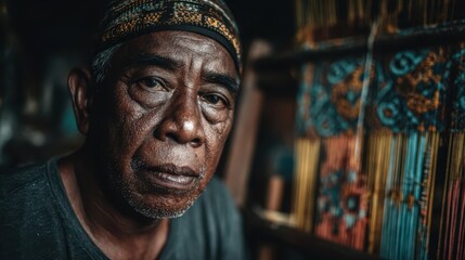 Portrait of elderly man wearing traditional patterned cap beside colorful woven textiles, captured in soft natural light that highlights his expression, heritage, and the artistry of handmade craft