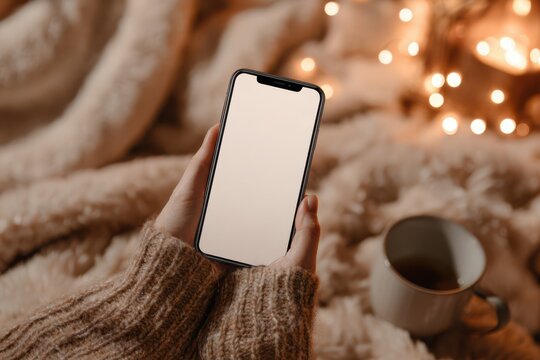 Phone mockup held in hand over soft beige blanket, cozy sweater, and warm lighting. Ideal for lifestyle apps, seasonal branding, or UI showcases.