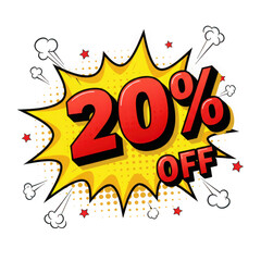 Bright yellow burst with 20 percent off sale message isolated on transparent background