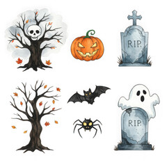 Halloween icons collection with spooky tree pumpkin tombstone ghost and bat isolated on transparent background