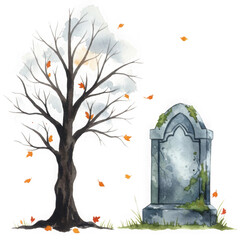 Spooky halloween tree and gravestone isolated on transparent background