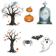 Halloween themed objects isolated on transparent background