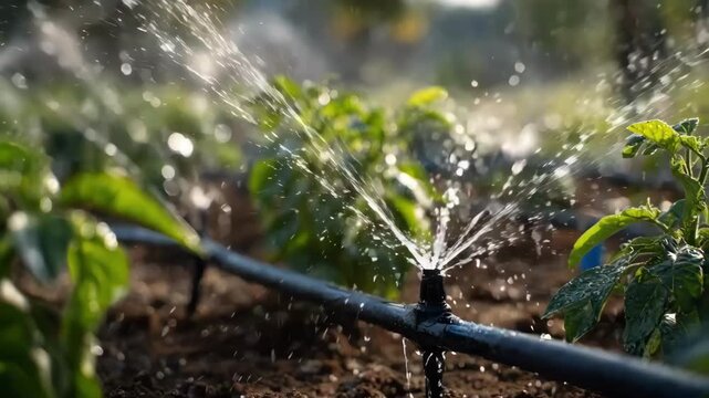 Medium shot of a drip irrigation system delivering precise water droplets to garden plants highlighting efficient water conservation in automated gardening setups.
