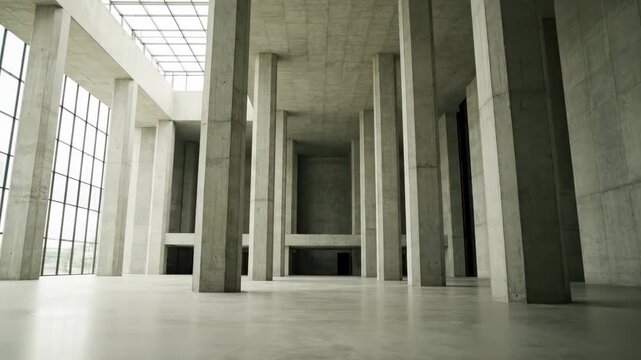 Elegant cinematic pan showcasing the soaring architectural structure of a grand, empty, modernist hall with vast concrete columns pan, presentation, building
