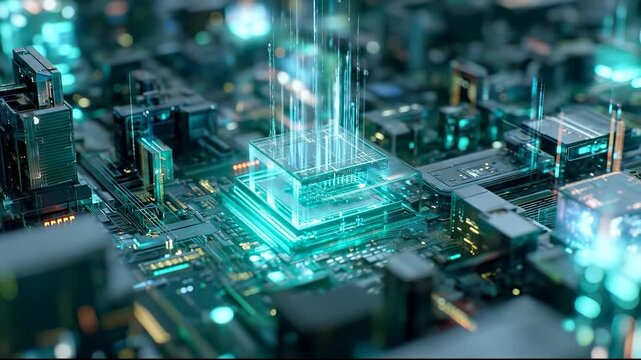A futuristic circuit board displays intricate architecture with glowing components. The circuit board features multiple chips and illuminated circuits within an advanced technology