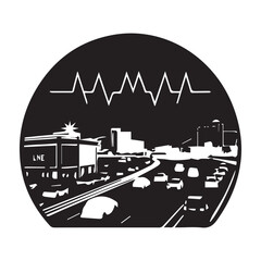 Obraz premium Monochromatic illustration of a cityscape with a highway bustling with cars, set against a backdrop of buildings and a symbolic heartbeat line, isolated on white background