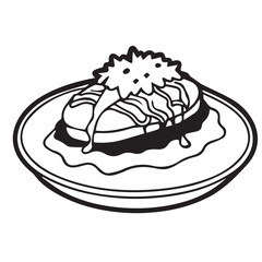 Monochrome drawing of a dessert on a plate, featuring a pastry topped with cream and drizzled with sauce, showcasing culinary art, isolated on white background