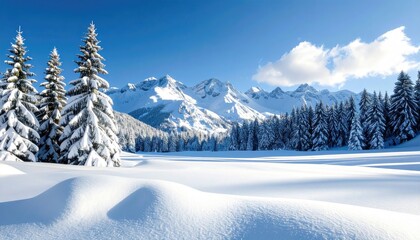 Majestic Snow Covered Mountain Range With Pine Trees Under A Clear Blue Sky On A Sunny Winter Day