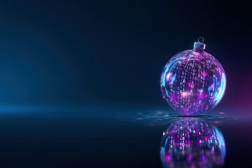 glass Christmas bauble with binary code and glowing neon reflections, dark blue background, banner with copy space. futuristic holiday, IT business greeting card, corporate New Year, digital marketing