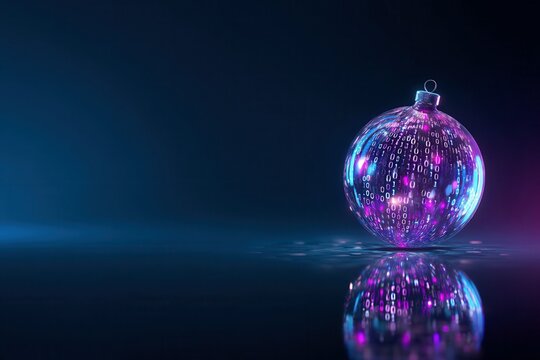glass Christmas bauble with binary code and glowing neon reflections, dark blue background, banner with copy space. futuristic holiday, IT business greeting card, corporate New Year, digital marketing