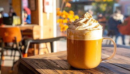 Pumpkin Spice Latte with Whipped Cream on Wooden Table Fall Beverage