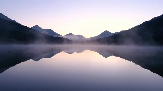Ethereal fog gracefully rolls across the mirror-like surface of a tranquil mountain lake during an early morning cinematic, atmosphere, surface