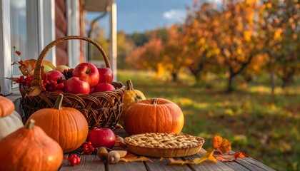 Autumn Harvest Scene Apples Pumpkins and Pie on a Porch
