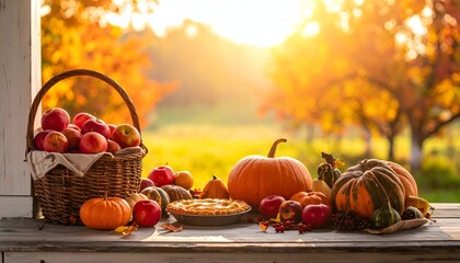 Autumn Harvest Apples Pumpkins and Pie on a Rustic Table