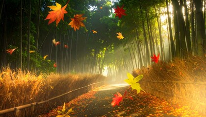 Autumn Bamboo Forest with Falling Leaves Serene Nature Scenery