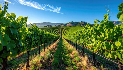 Naklejka premium Sunlight Illuminates Rows of Green Grape Vines on a Rolling Hillside Under a Clear Blue Sky