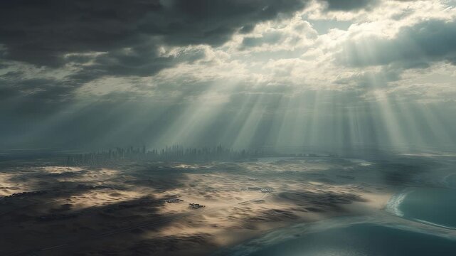 The dramatic scene presents a city skyline silhouetted against a backdrop of dark clouds and sun rays breaking through. The skyline and clouds create a striking contrast over the v