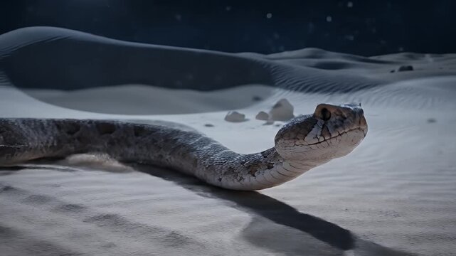 Sidewinder rattlesnake gliding across rippled desert dunes at dawn, low angle highlights sand texture and scales